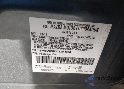 2012 Mazda Mazda6 I Touring from USA, damaged, VIN 1YVHZ8DH3C5M41338